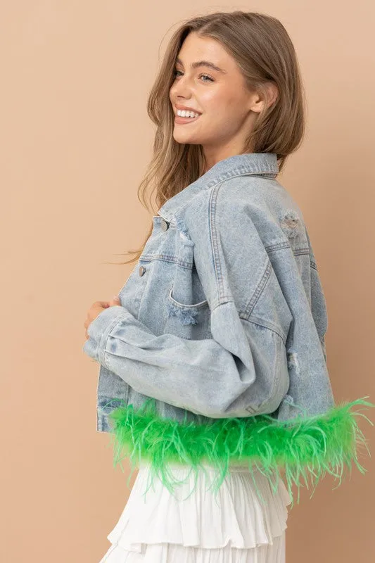 Green Denim Oversized Fur Crop Denim Jacket