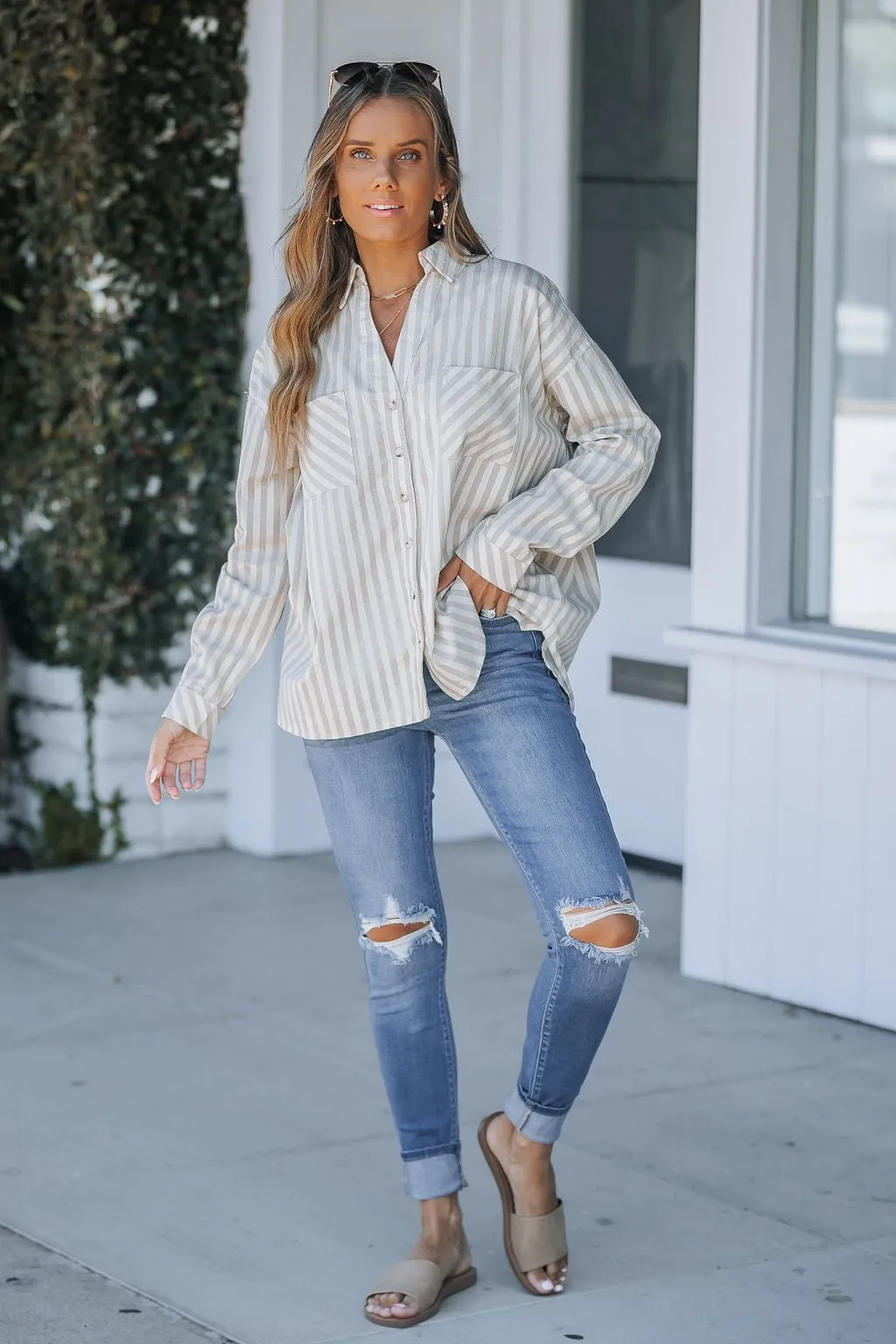 Grey and White Striped Button Down Shirt - FINAL SALE