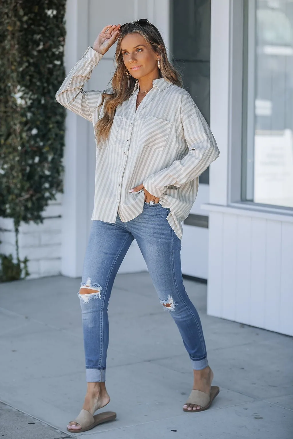 Grey and White Striped Button Down Shirt - FINAL SALE