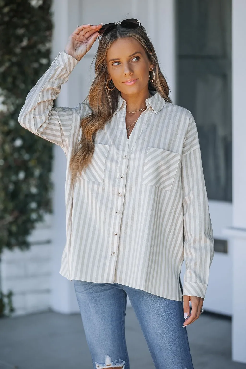 Grey and White Striped Button Down Shirt - FINAL SALE