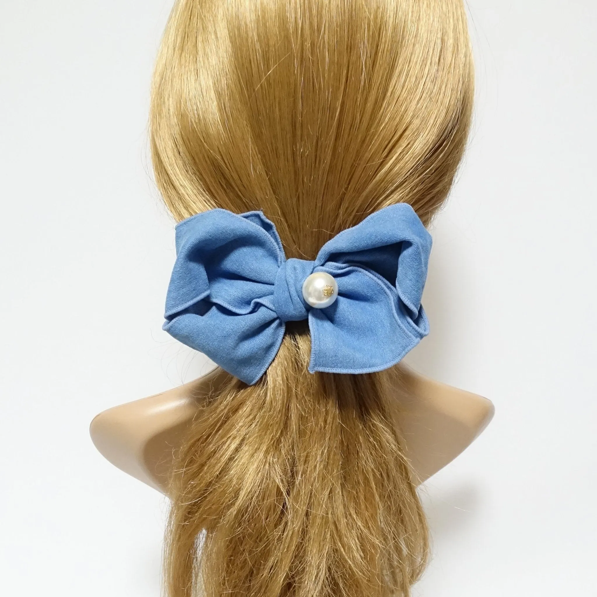 Handmade Cotton Denim Bow Big Sleek Pearl Ball Bow French Hair Barrettes