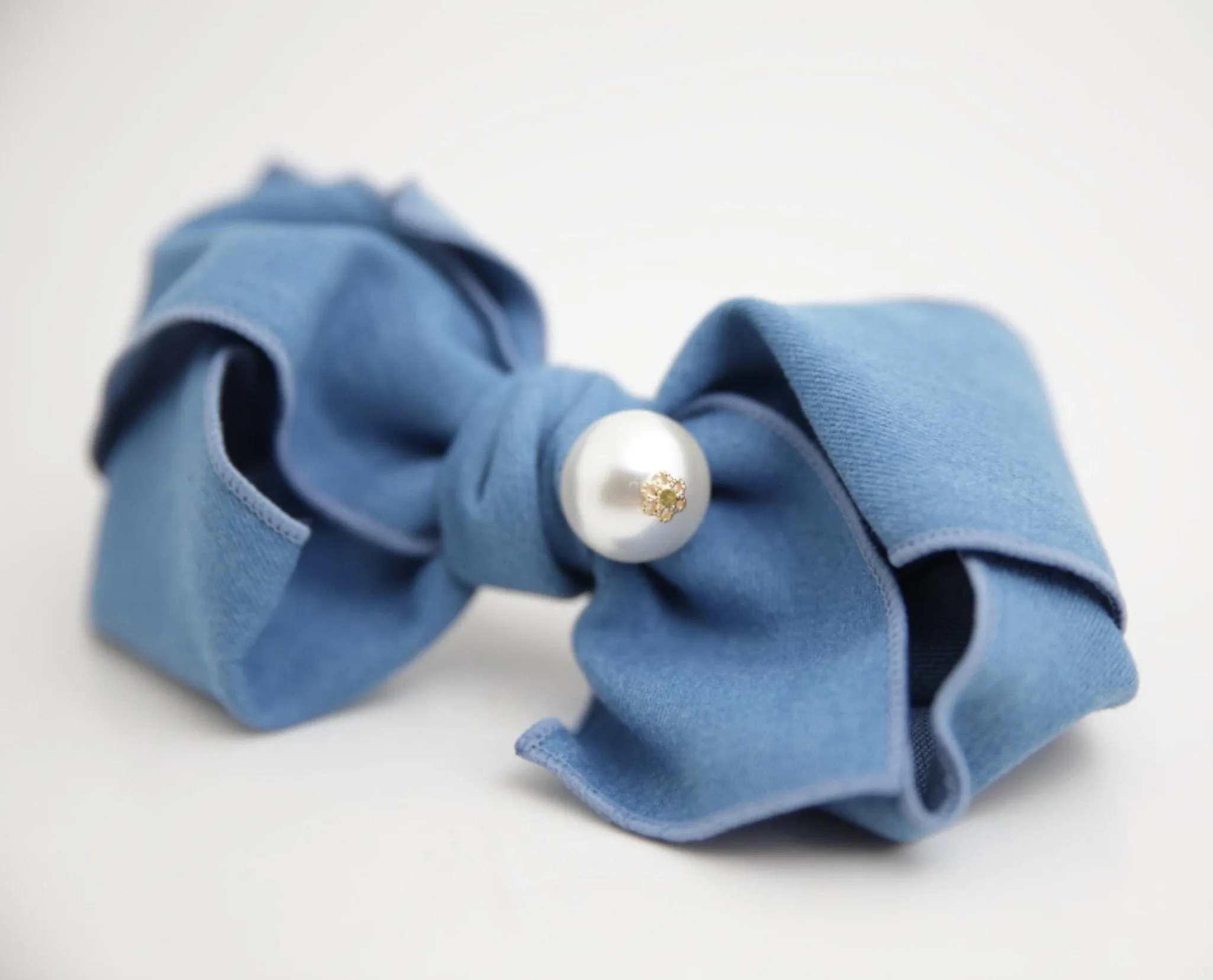 Handmade Cotton Denim Bow Big Sleek Pearl Ball Bow French Hair Barrettes