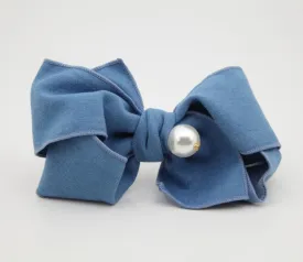 Handmade Cotton Denim Bow Big Sleek Pearl Ball Bow French Hair Barrettes