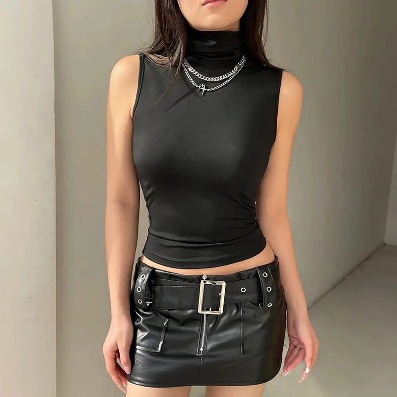 Hnewly Solid Turtleneck Crop Top Women Sleeveless Skinny Basic Tank Tops y2k Streetwear Ladies Tees Summer Harajuku Vest Casual