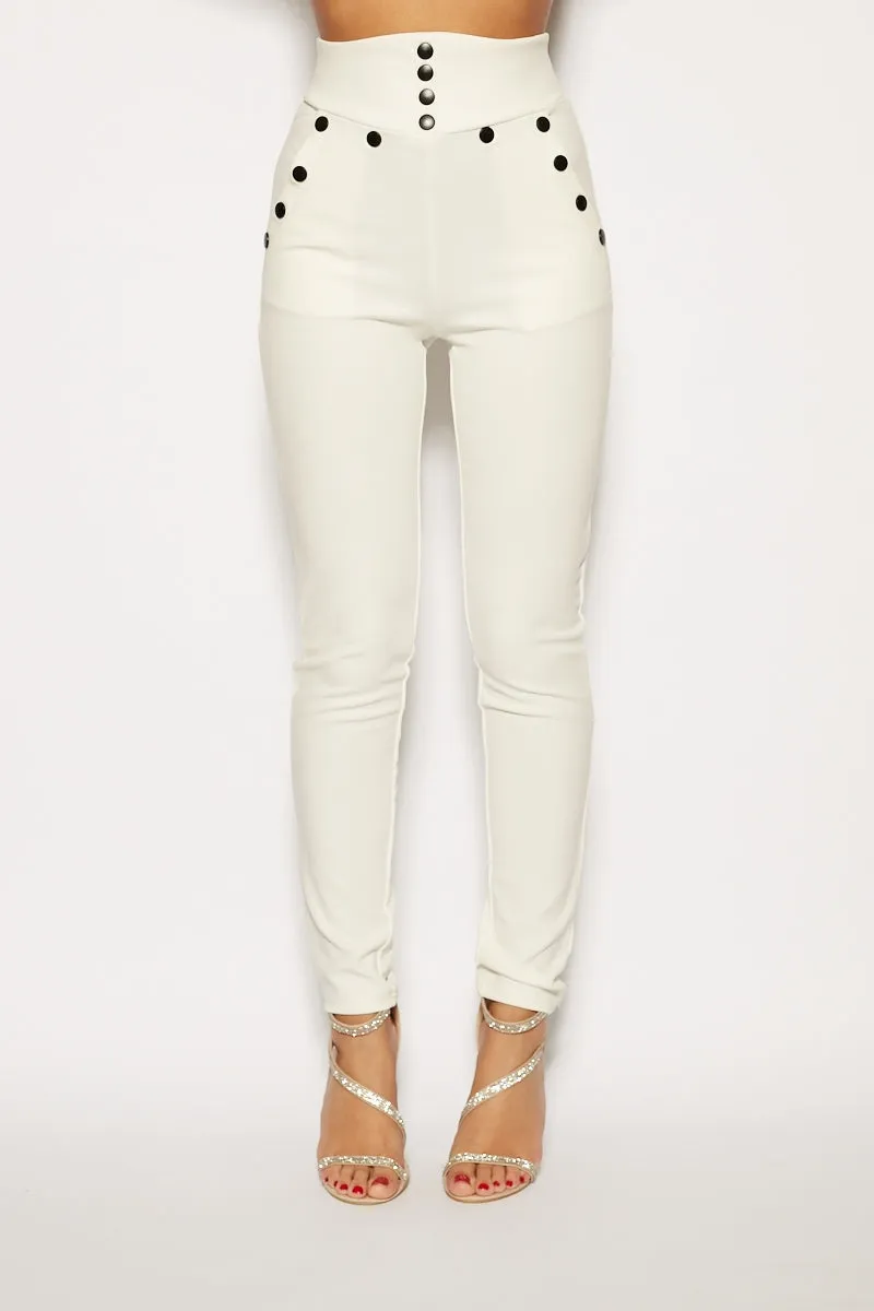 Ilania - White High Waisted Button Trim Trousers