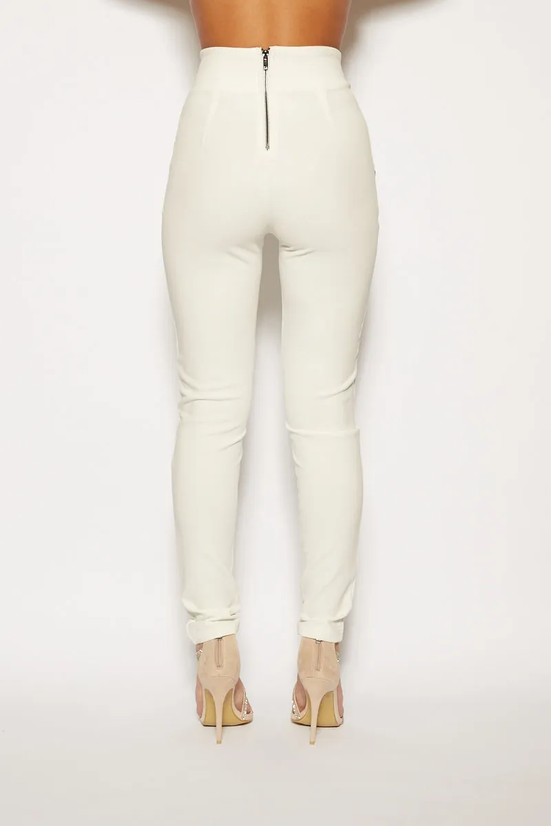 Ilania - White High Waisted Button Trim Trousers