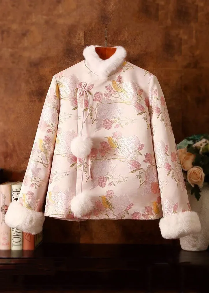 Jacquard Pink Fur Collar Fuzzy Ball Patchwork Duck Down Down Coats Winter RZ034