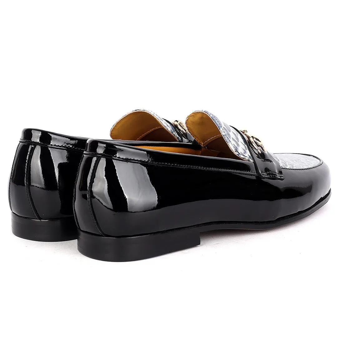 J.M Weston Elegant Black Glossy Loafers Shoe With Croc  Designed Top