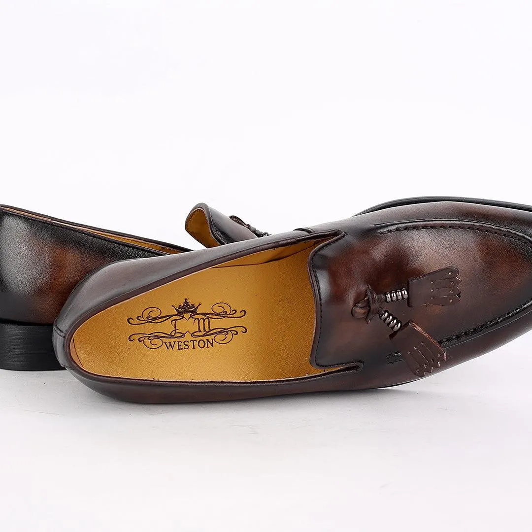 J.M Weston Exquisite Coffee Leather Shoe with Textile Design