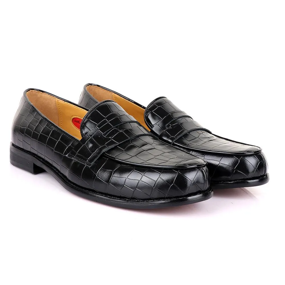 John Foster Croc Block Black Leather Shoe