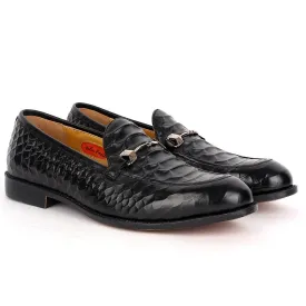 John Foster Crocodile Leather Designed Front Chain Men's Shoes -Black