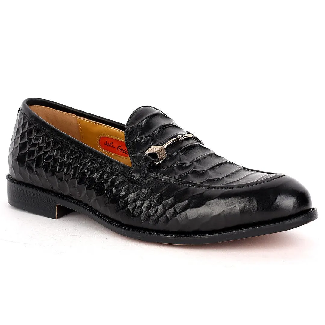 John Foster Crocodile Leather Designed Front Chain Men's Shoes -Black