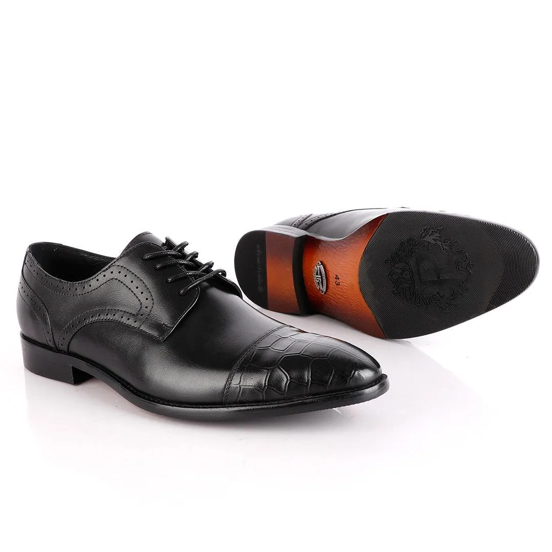 John Foster Oxford Half Croc Laceup Wingtip Black Leather Shoes