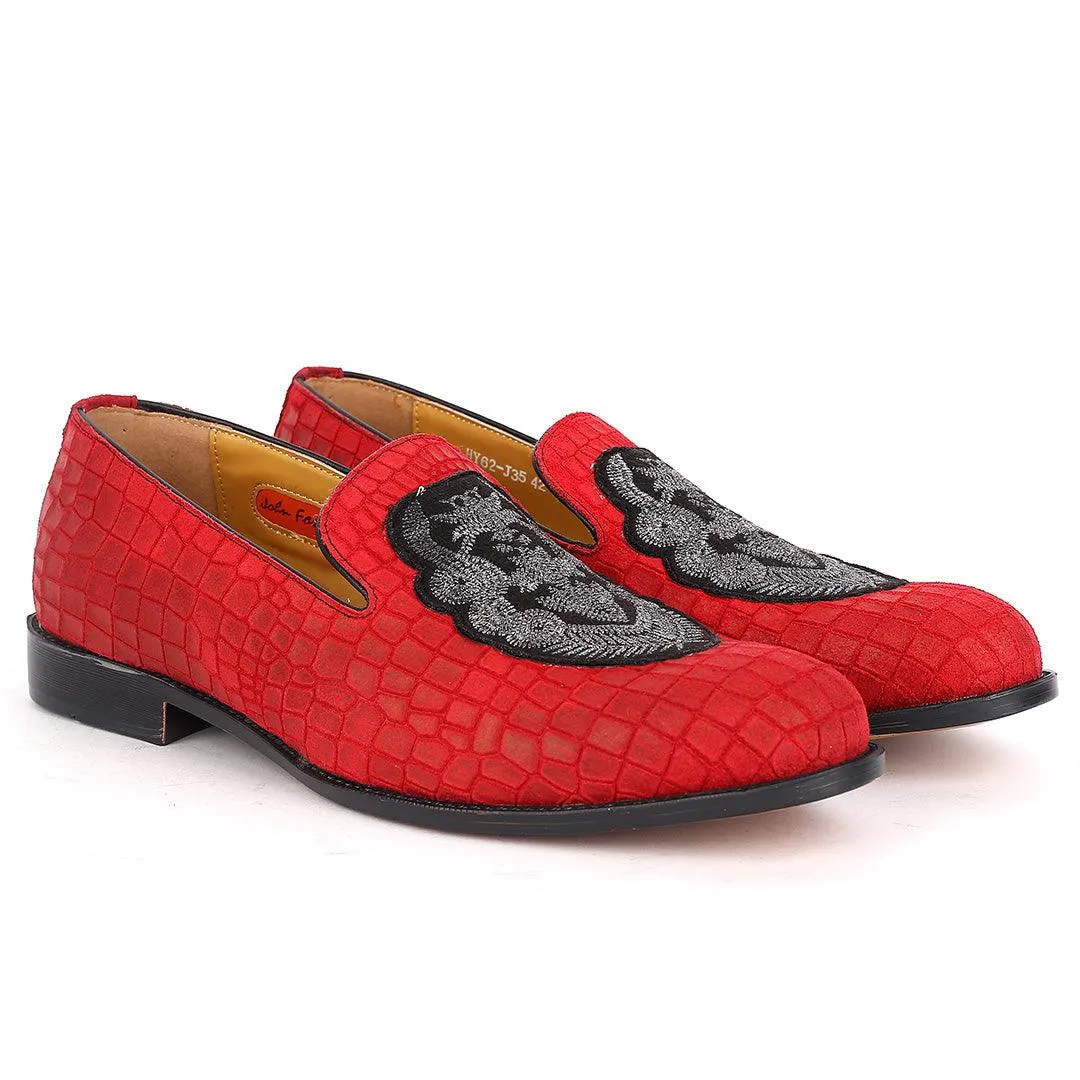 John Foster Red Crocodile Leather Crown Monogram Front Designed Shoes