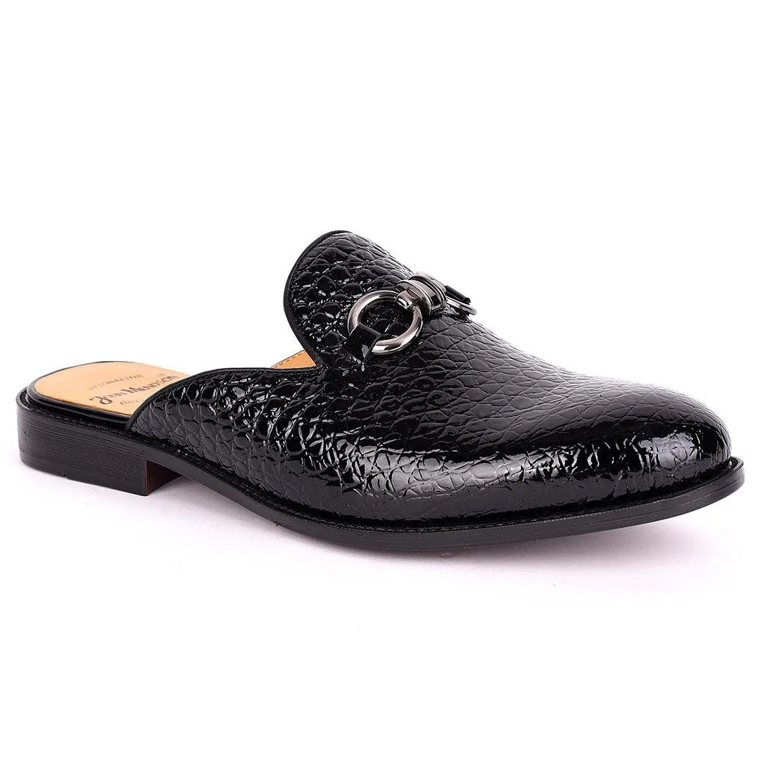 John Mendson Silver Chain Design Glossy Croc Leather Men's Half Shoe- Black