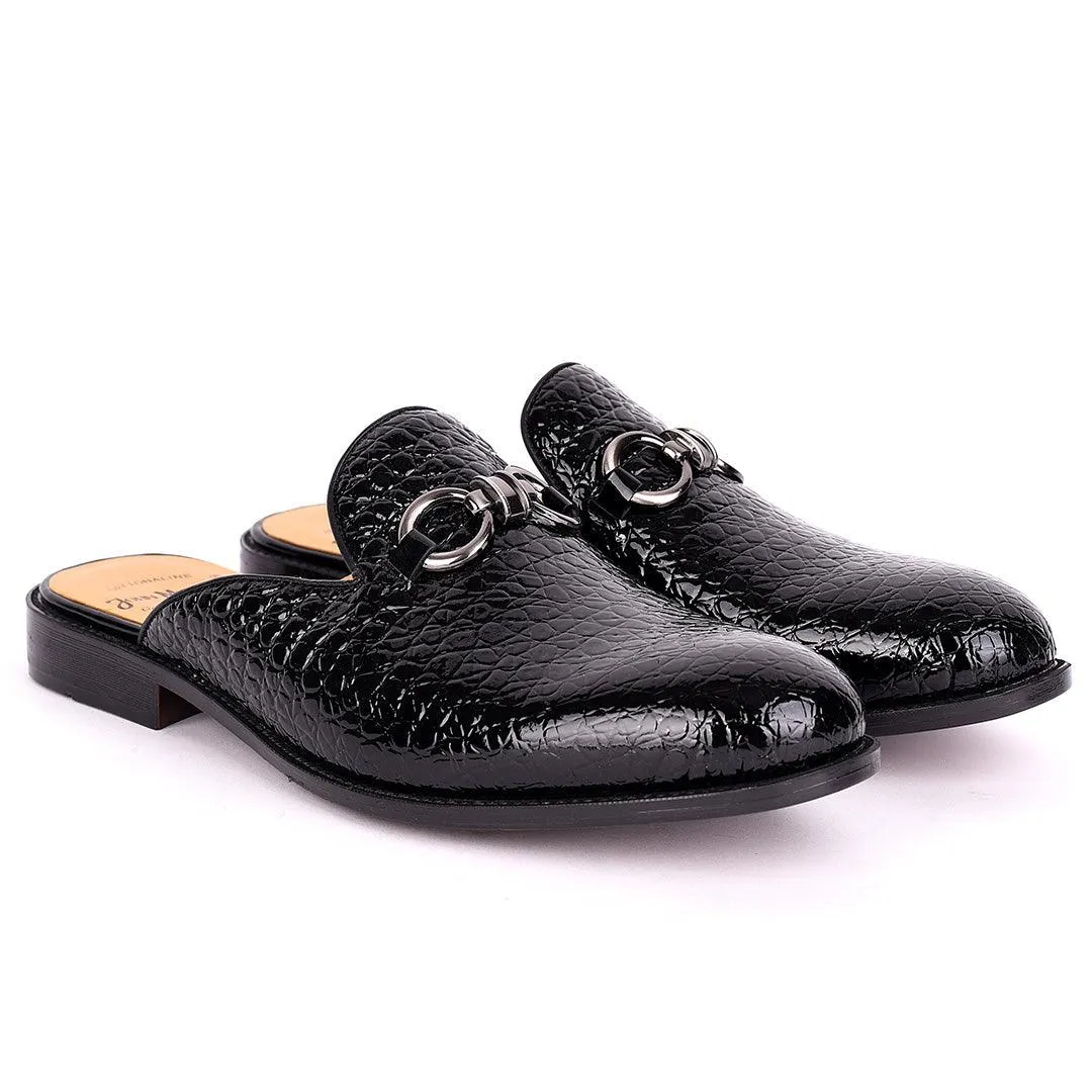 John Mendson Silver Chain Design Glossy Croc Leather Men's Half Shoe- Black