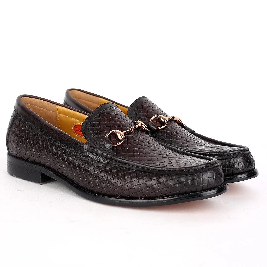 John Mendson Woven Designed Loafers With Gold Design- Coffee