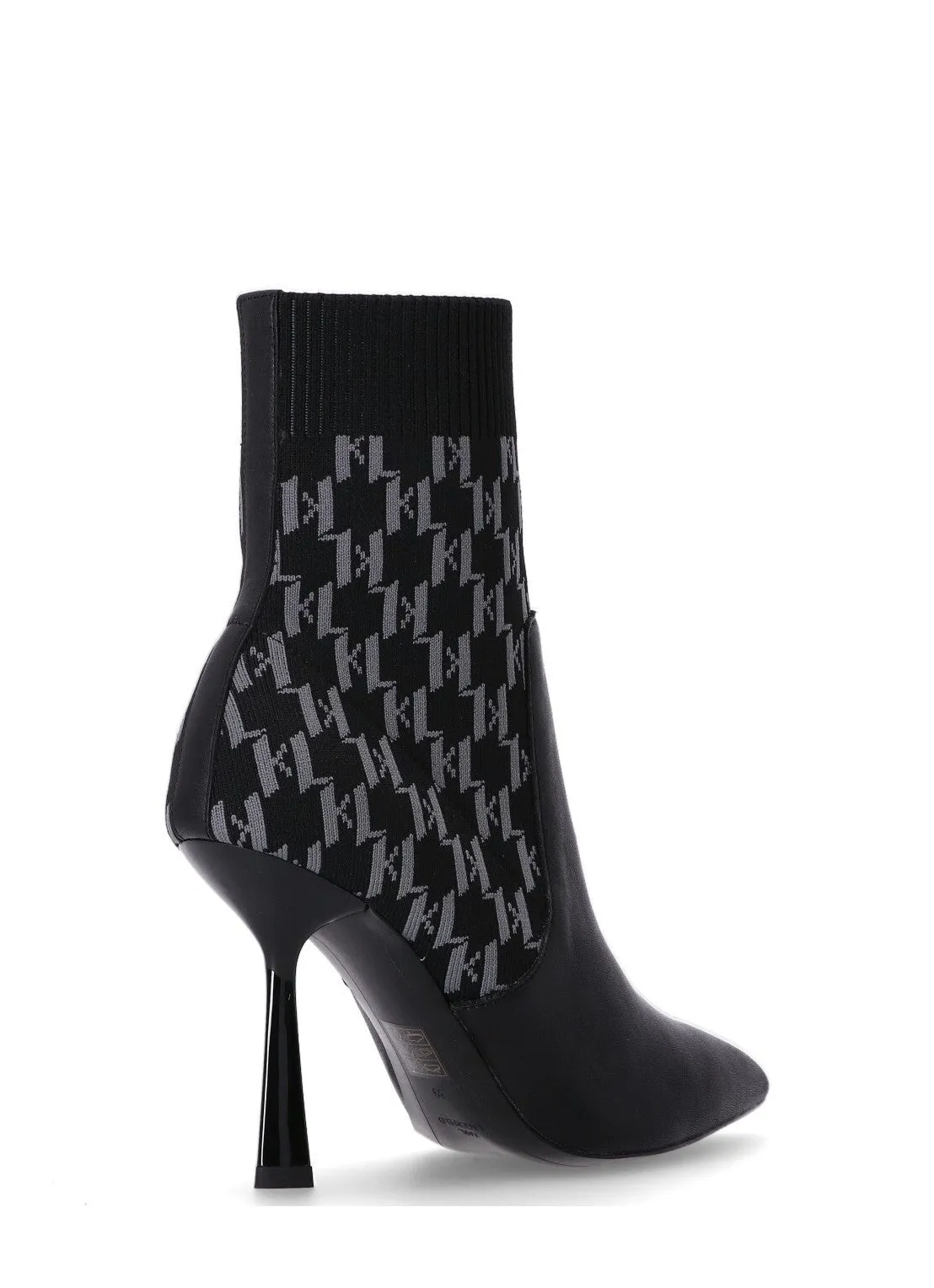 KARL LAGERFELD PANDARA MONOGRAM KNIT ANKLE HEELS IN BLACK