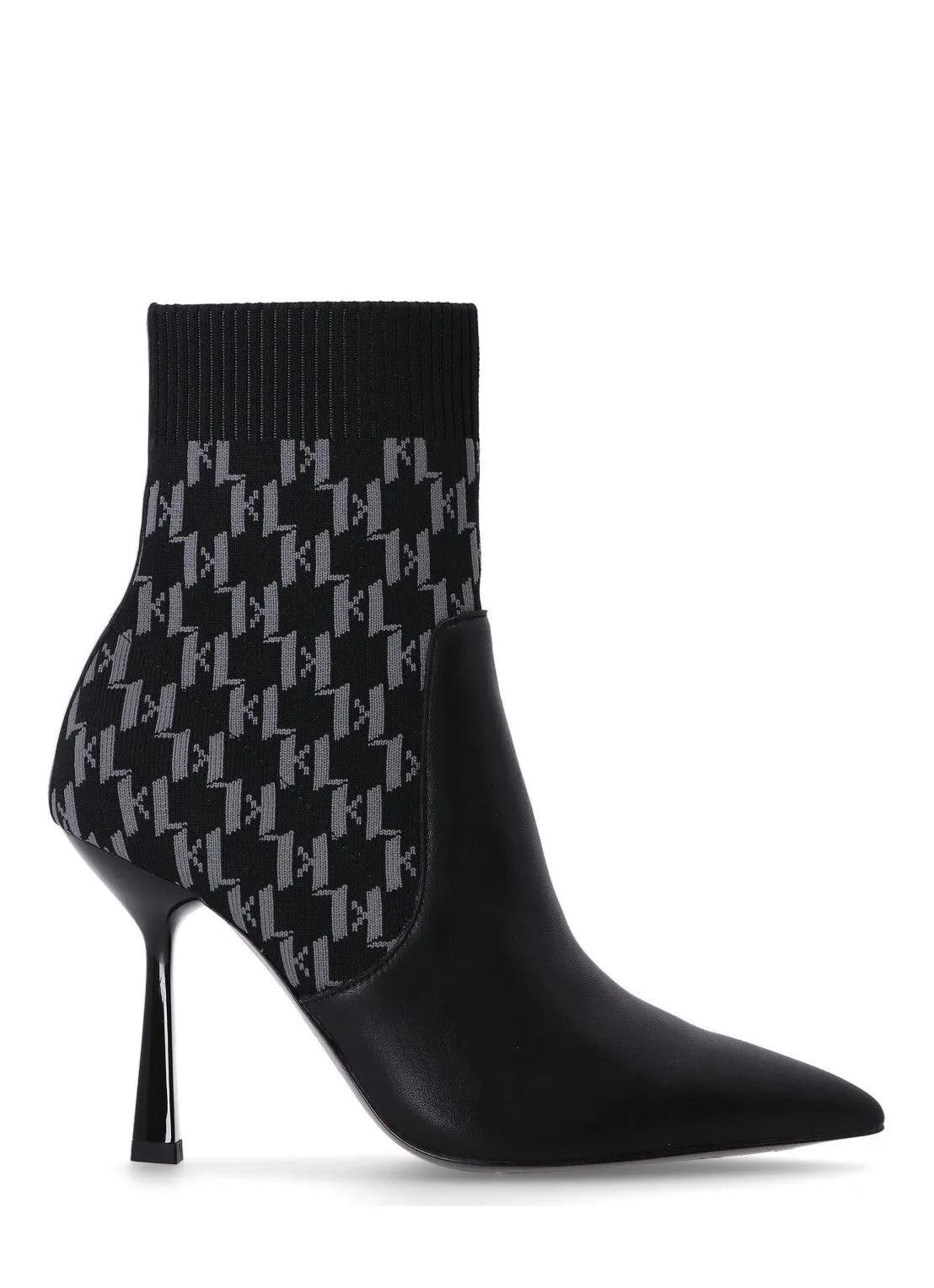 KARL LAGERFELD PANDARA MONOGRAM KNIT ANKLE HEELS IN BLACK