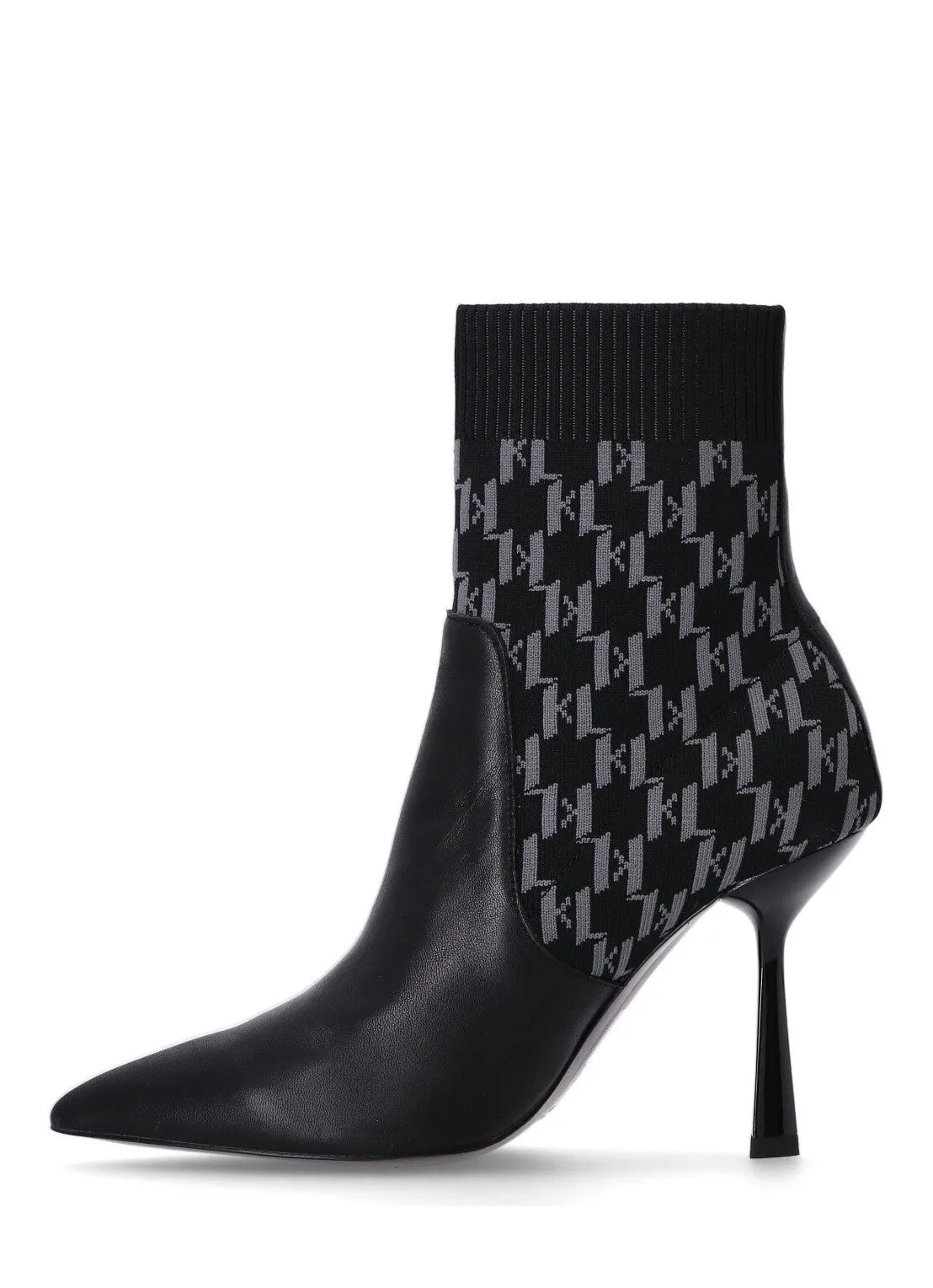 KARL LAGERFELD PANDARA MONOGRAM KNIT ANKLE HEELS IN BLACK