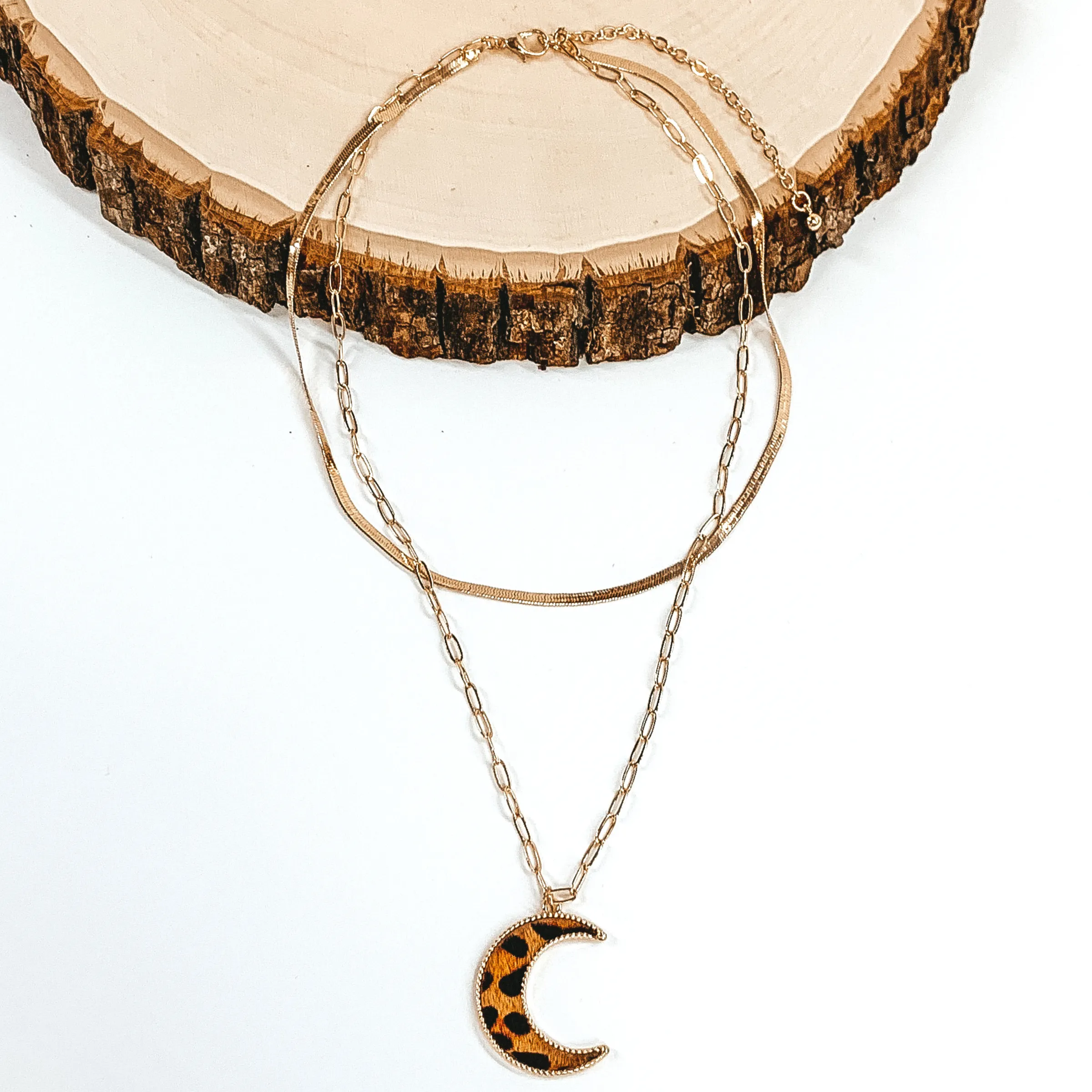 Layered Herringbone Chain Necklace in Gold Tone with Moon Pendant in Brown Animal Print