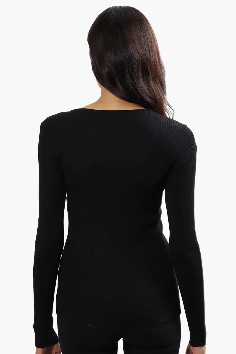 Limite Ribbed Keyhole Shoulder Pullover Sweater - Black