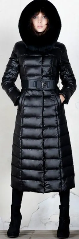 Long Down Fill Coat with Removable Fox Fur Collar - Black or Grey