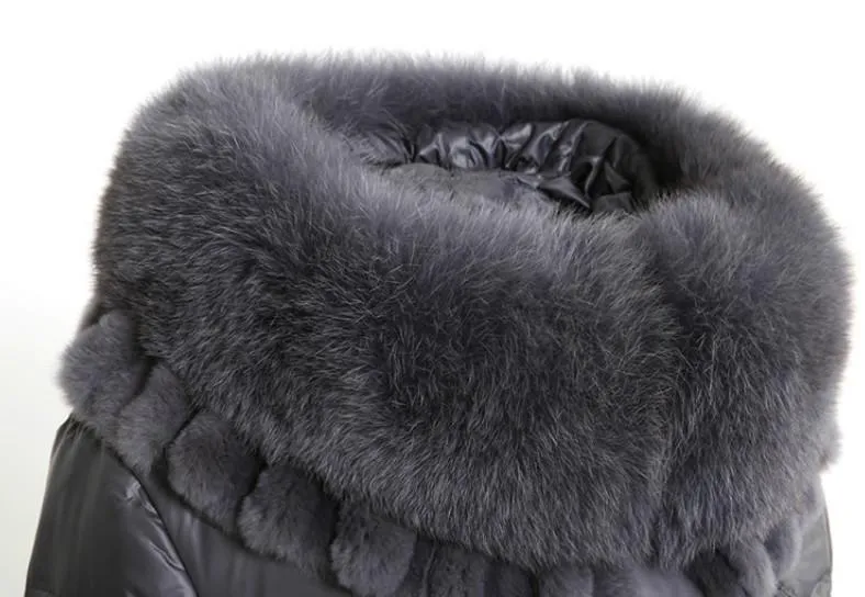 Long Down Fill Coat with Removable Fox Fur Collar - Black or Grey