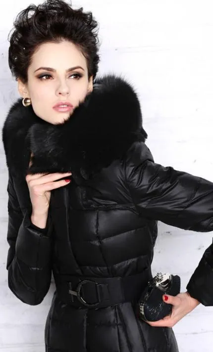 Long Down Fill Coat with Removable Fox Fur Collar - Black or Grey