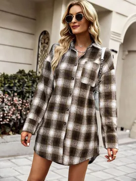 Long Sleeve Plaid Print Button Coats