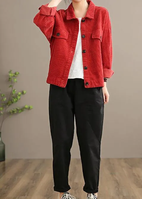 Loose Lapel Button Down Fine Coats Women Red Short jackets