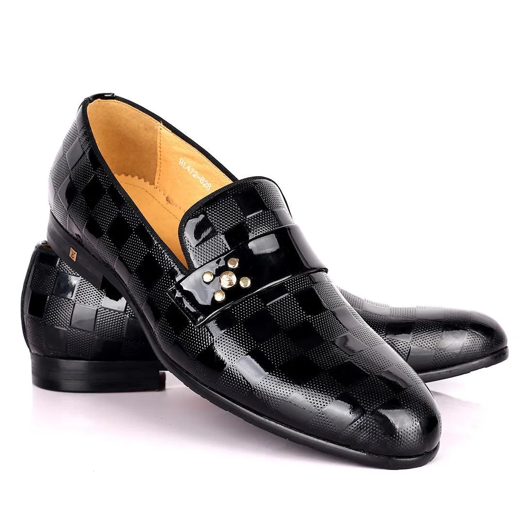 Lou Elegant Glossy Checkers Designed Black Formal Shoe