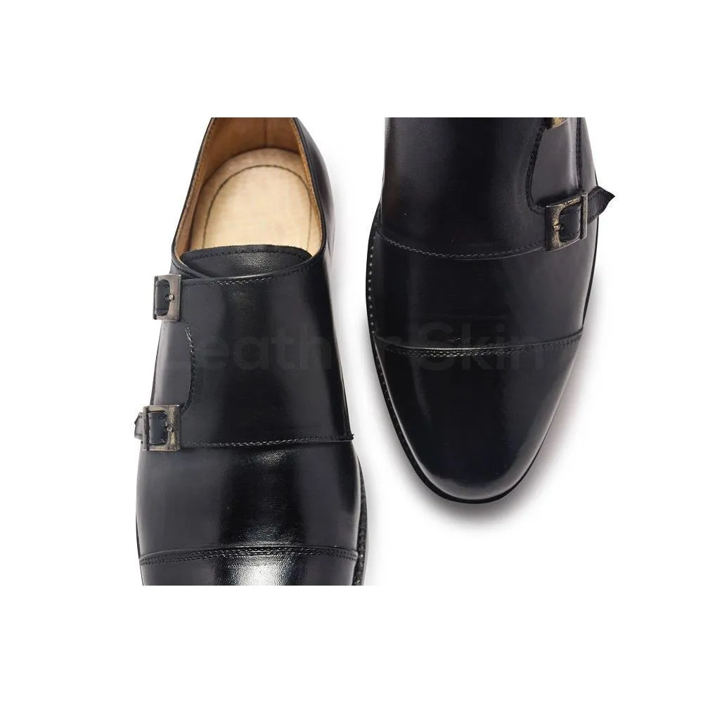 Men Double Monk Black Handmade Genuine Leather Shoes