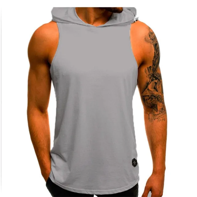 Men Hoodies Tank Top Sleeveless Muscle Gym Sport Slim Vest Bodybuilding Hooded Hip Hop Streetwear Workout Elastic Men Tank Top