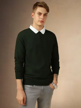 Men's Dark Green Crew Neck Full Sleeves Slim Fit Pullover Sweater