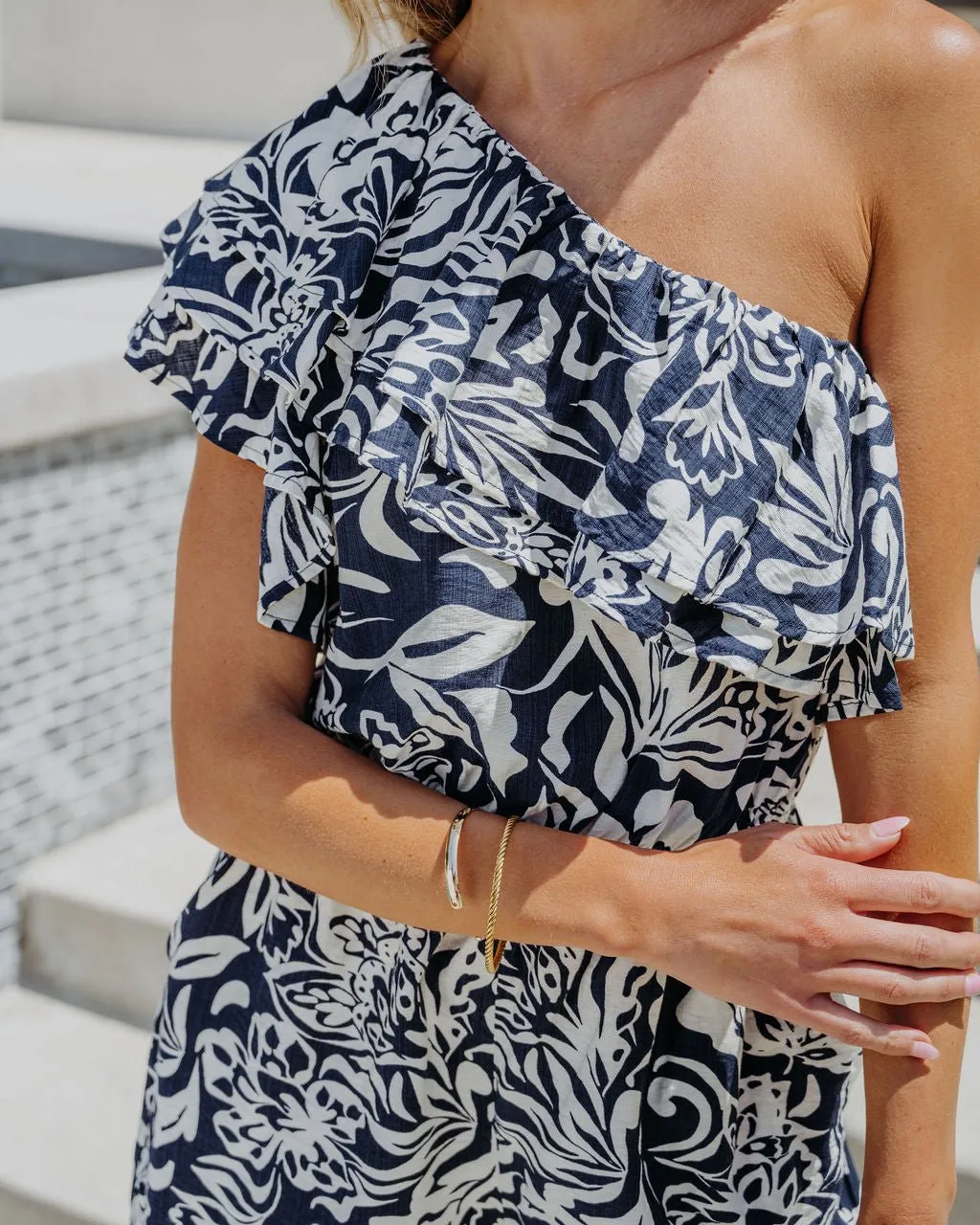 Navy Print One Shoulder Ruffled Romper - FINAL SALE