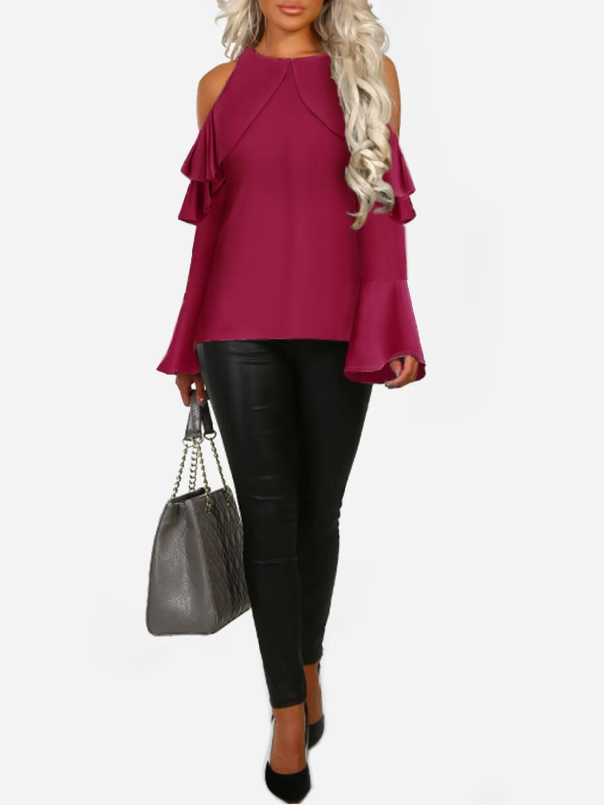 OEM ODM Cold Shoulder Cut Out Long Sleeve Burgundy Blouses