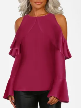 OEM ODM Cold Shoulder Cut Out Long Sleeve Burgundy Blouses