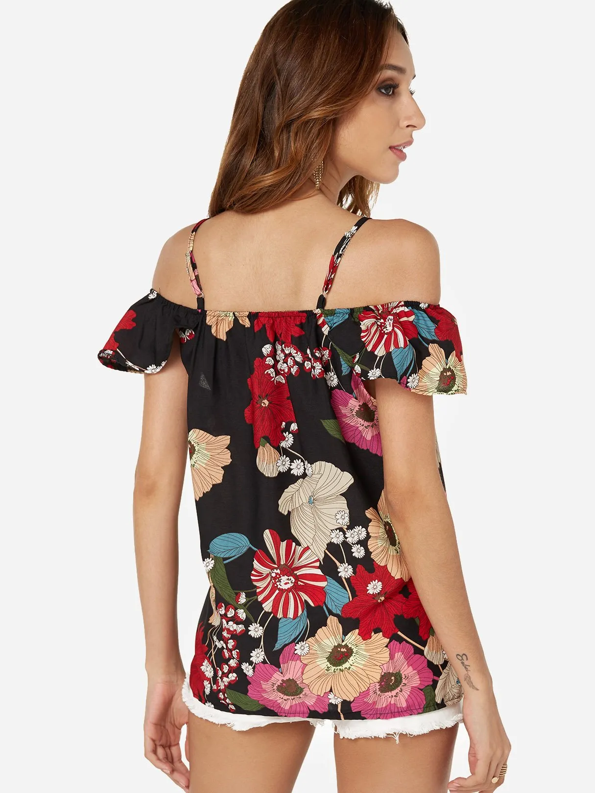 OEM ODM Cold Shoulder Floral Print Short Sleeve Top