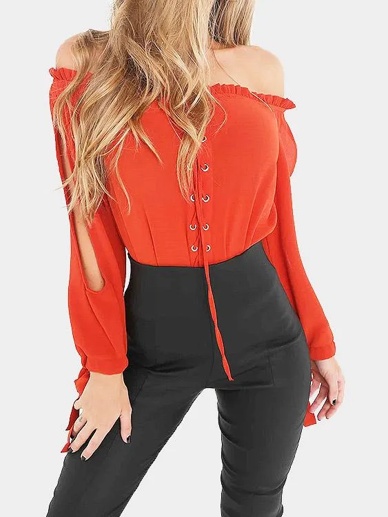 OEM ODM Off The Shoulder Lace-Up Long Sleeve Red Top