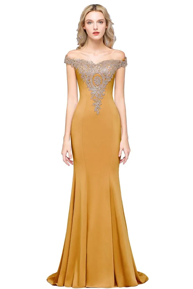 Off the Shoulder Gold Appliques Mermaid Evening Gowns Slim Prom Dress