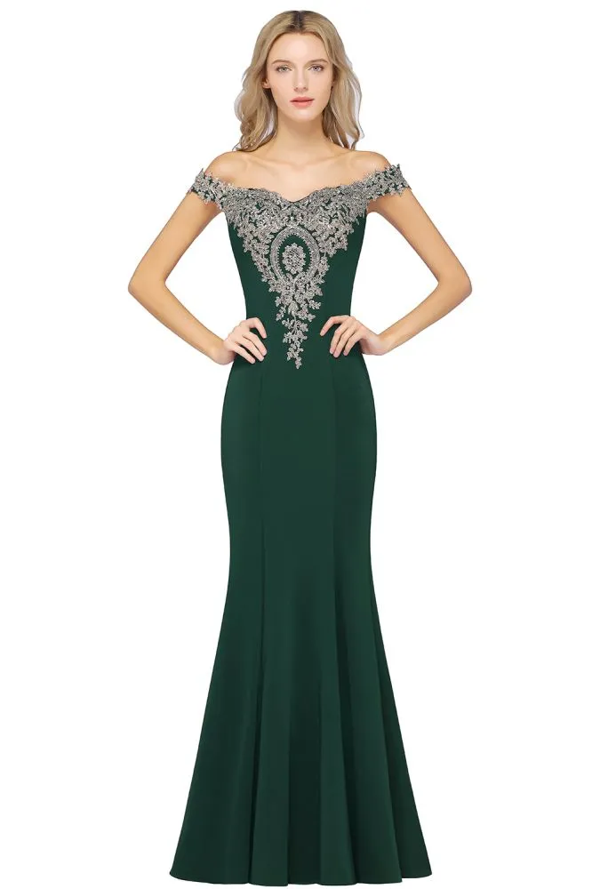 Off the Shoulder Gold Appliques Mermaid Evening Gowns Slim Prom Dress