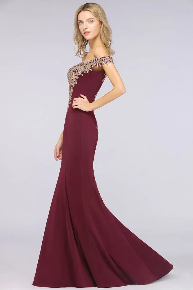 Off the Shoulder Gold Appliques Mermaid Evening Gowns Slim Prom Dress