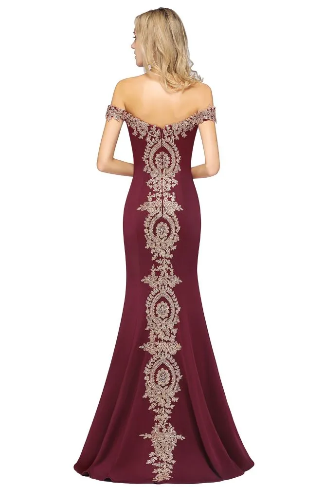 Off the Shoulder Gold Appliques Mermaid Evening Gowns Slim Prom Dress