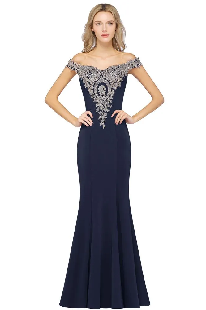 Off the Shoulder Gold Appliques Mermaid Evening Gowns Slim Prom Dress