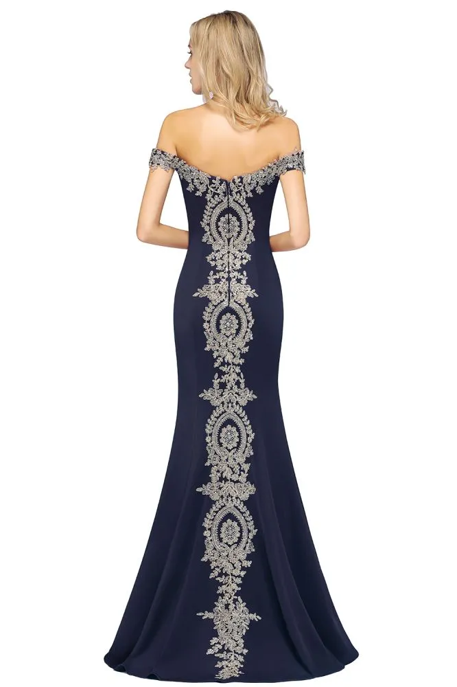 Off the Shoulder Gold Appliques Mermaid Evening Gowns Slim Prom Dress