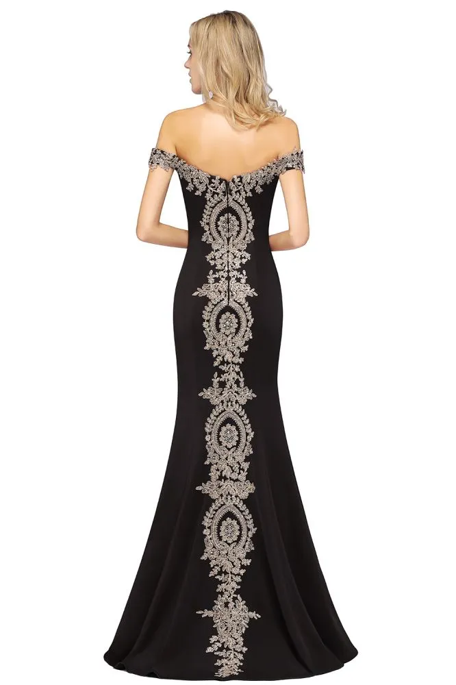 Off the Shoulder Gold Appliques Mermaid Evening Gowns Slim Prom Dress