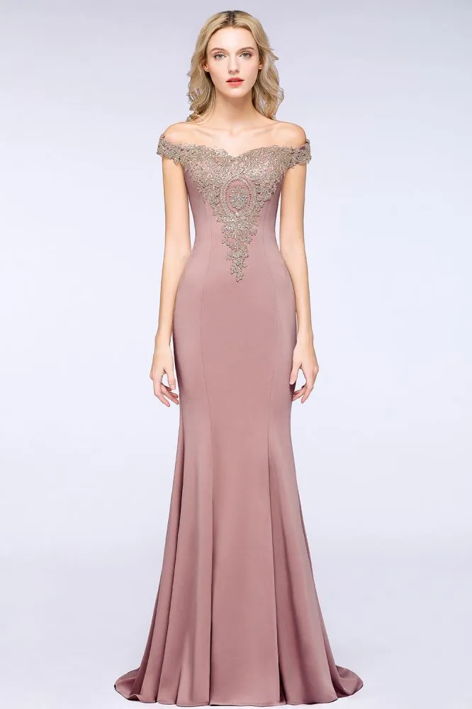 Off the Shoulder Gold Appliques Mermaid Evening Gowns Slim Prom Dress