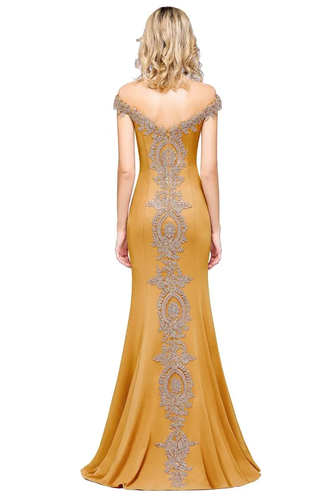 Off the Shoulder Gold Appliques Mermaid Evening Gowns Slim Prom Dress