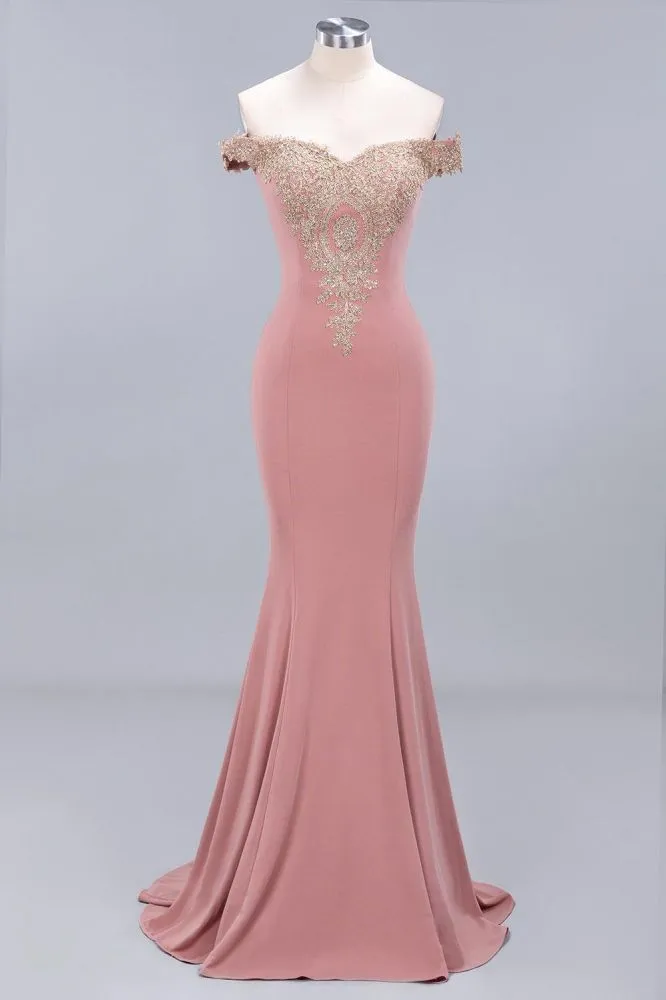 Off the Shoulder Gold Appliques Mermaid Evening Gowns Slim Prom Dress